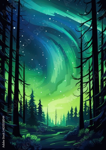 Green Aurora borealis at night over norway forest  night. Generative Ai.