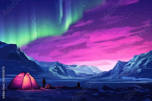 Pink Aurora borealis at night with tent in iiceland nature, night. Generative Ai.
