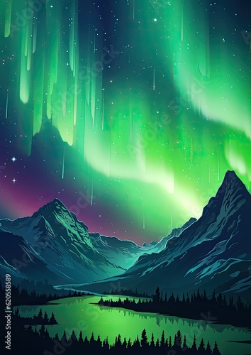 Green Aurora borealis at night over norway landscape and lake, night. Generative Ai.