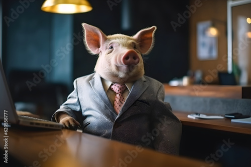 businessman with pig head smiling and smoking with lots of money on the table. Portrait of a fat man in a business suit, concept evil corruption