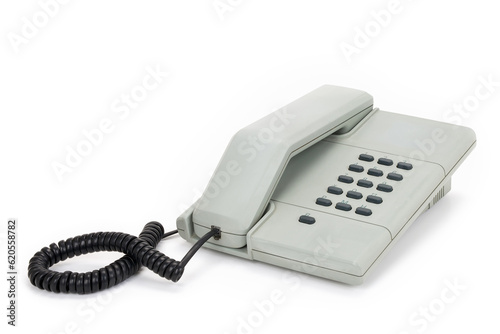 Grey vintage telephone from the eighties isolated on completely white background