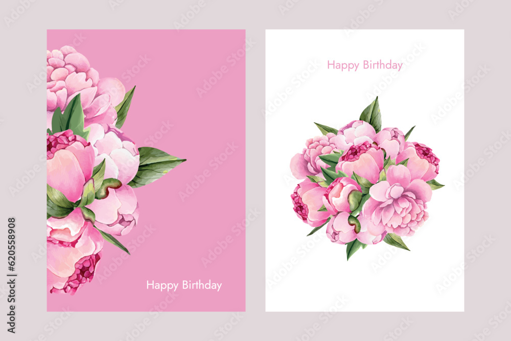 Vector set of two greeting cards with peony watercolor illustration