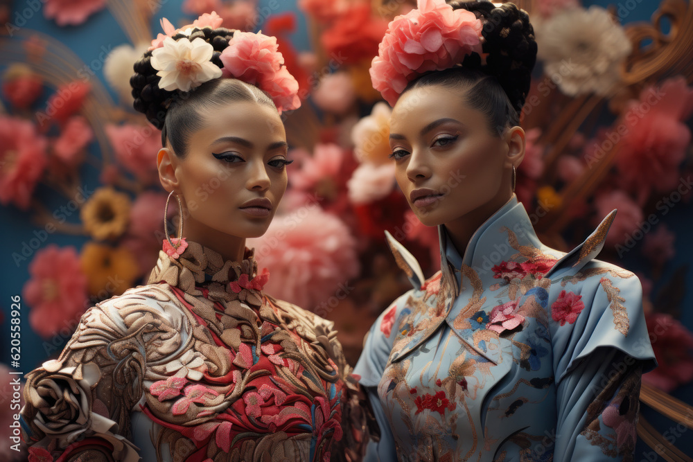 Fototapeta premium Beautiful Asian women with colorful dresses. Flower background. Generated with AI.