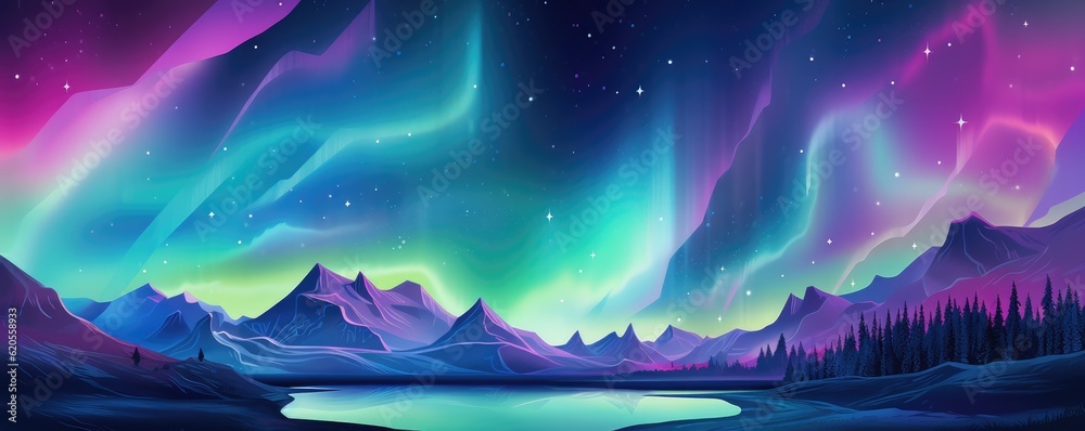 custom made wallpaper toronto digitalMulticolor Aurora borealis at night over mountains on iceland nature, panorama. Generative Ai.