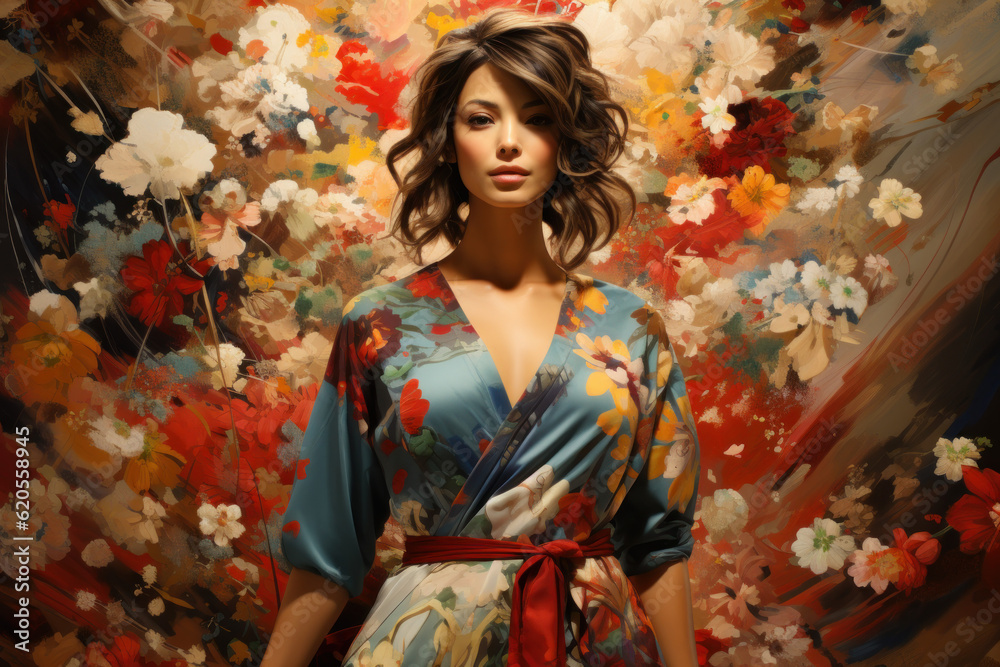 Beautiful Asian women with colorful dresses. Flower background. Generated with AI.