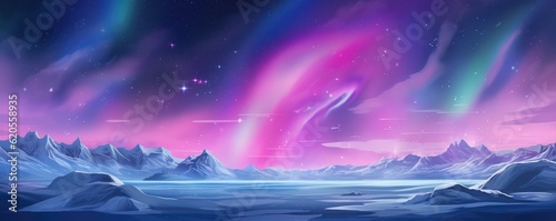 Pink Aurora borealis at night over iceland moutain lake, night panorama. Generative Ai. © annamaria