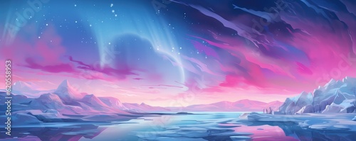 Pink Aurora borealis at night over iceland moutain lake, night panorama. Generative Ai.