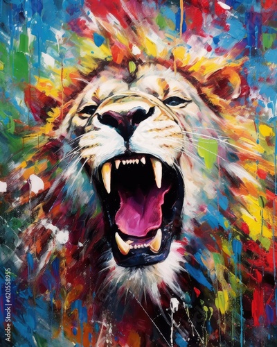 fluidity and unpredictability of watercolors by creating a dynamic and energetic lion print. bold brushstrokes and splashes of color to depict the lion s movement and power