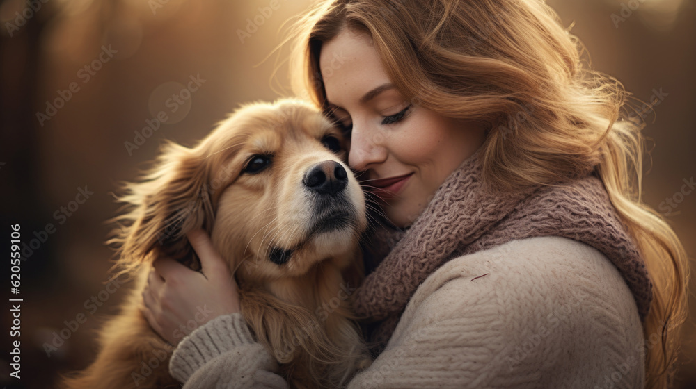 Pure love and happiness: A woman and her cherished dog embrace, radiating joy and contentment, exemplifying the joyous connection found in human-animal relationships AI generated
