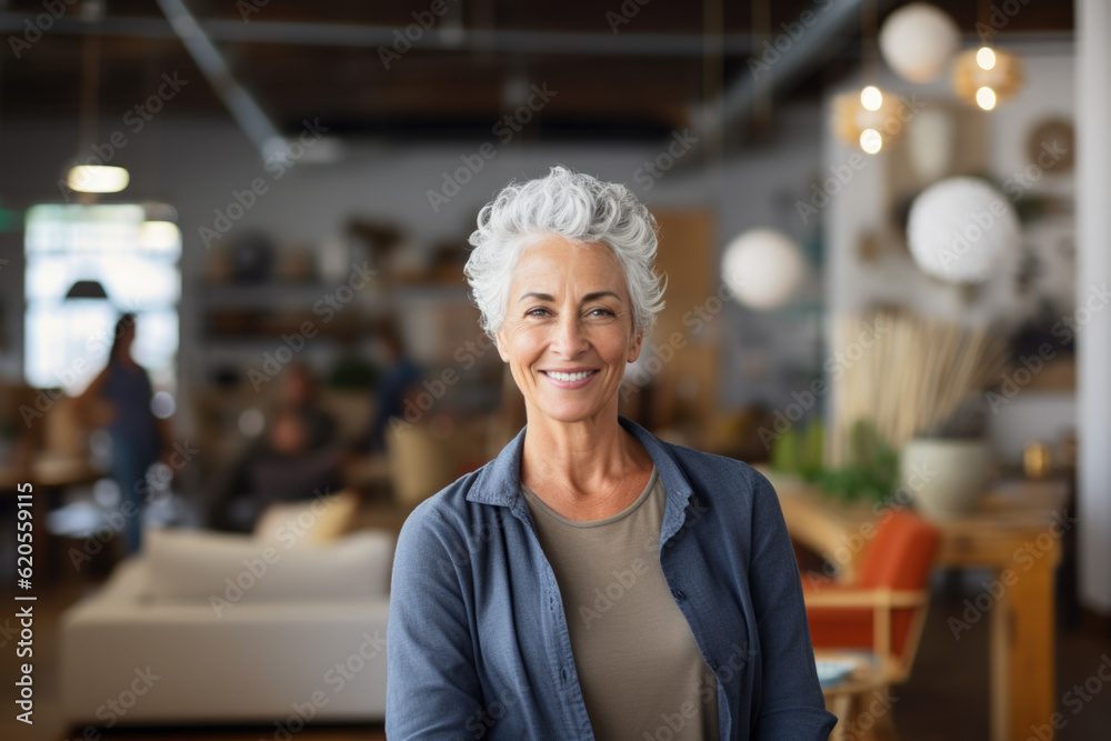 Portrait of a smiling woman with grey hair, small business owner in her furniture store Portrait of a smiling woman with grey hair, small business owner in her furniture store