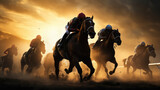 The pursuit of victory: Intense horse race captures the sheer determination and athleticism of both horse and jockey, as they strive for triumph on the racecourse AI generated