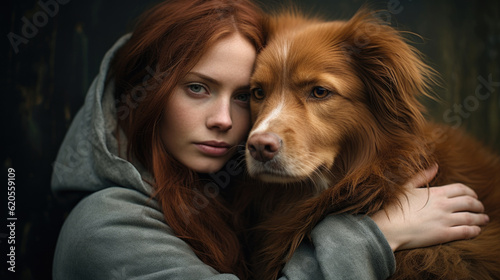 Unbreakable bond: A woman and her canine companion captured in a tender moment of an affectionate hug, symbolizing the everlasting friendship they share AI generated