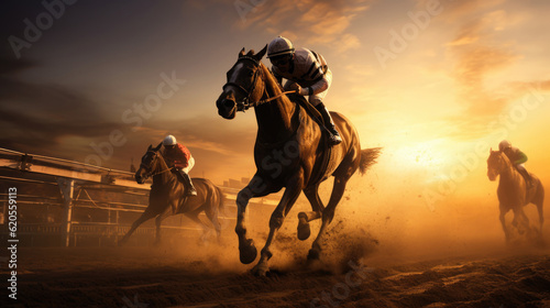 Tableau sur toile A thrilling moment captured in horse racing, as powerful horses gallop towards t