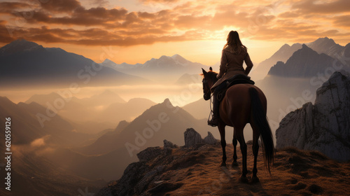 Conquering the mountains: A woman on horseback ventures fearlessly through the majestic peaks, experiencing the thrill and beauty of an adventurous mountain ride AI generated © Valeriia