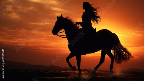 Woman riding a horse against the background of sunset, silhouette AI generated