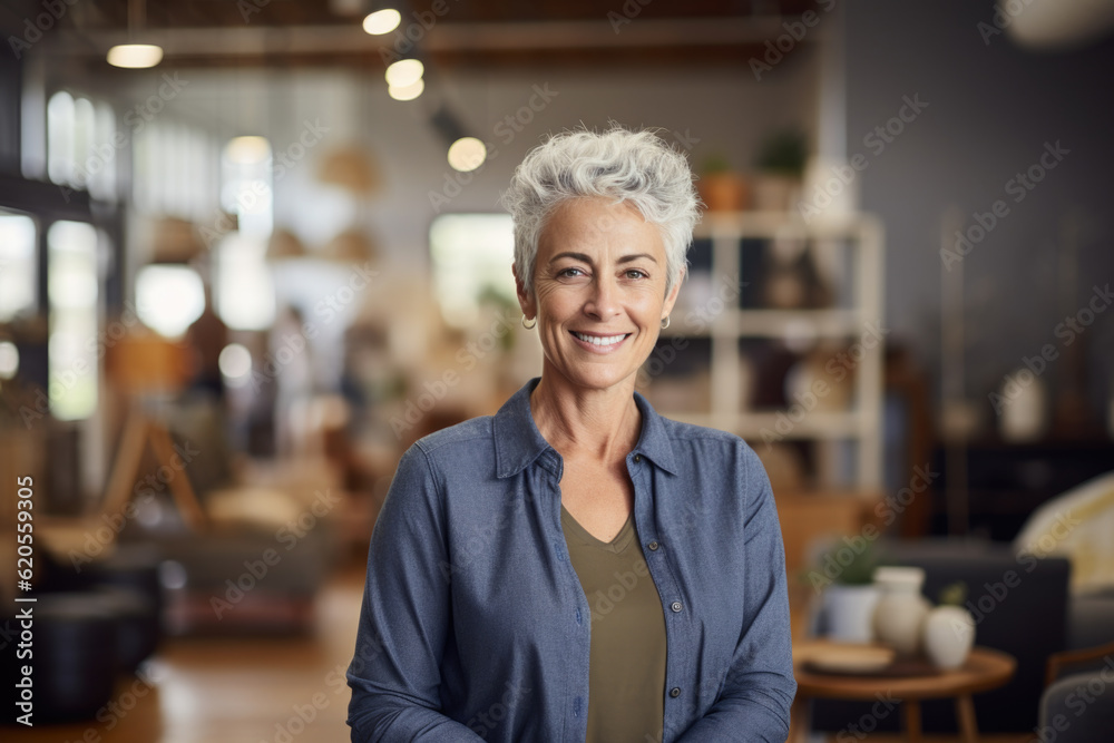 Portrait of a smiling woman with grey hair, small business owner in her furniture store Portrait of a smiling woman with grey hair, small business owner in her furniture store