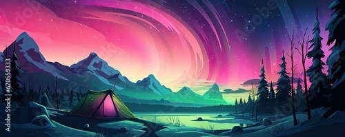 Pink Aurora borealis at night with tent in iiceland nature  night  panorama. Generative Ai.