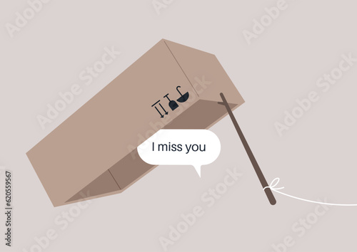 A box-and-stick trap, a mechanism for live trapping, I miss you messaged used as a bait, manipulations in relationships, control and dependence