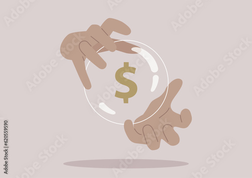 A funny way to predict investment risks and opportunities, a psychic reading the deck of tarot cards, a magic ball showing the future of USD