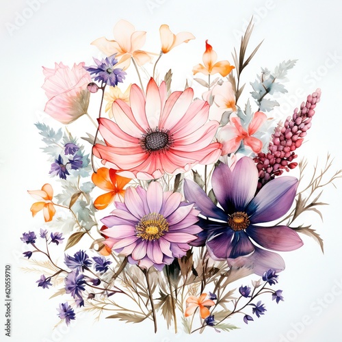 Boho chic Floral Wildflowers Watercolor, Delicate Blooms on a white background. AI generation