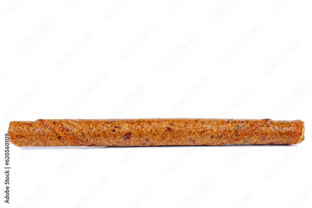 Fruit leather apricot roll isolated on a white background. Tasty fruit pastille marshmallow. Fruit leather apricot roll isolated on a white background. Tasty fruit pastille marshmallow.