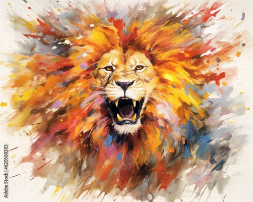 fluidity and unpredictability of watercolors by creating a dynamic and energetic lion print. bold brushstrokes and splashes of color to depict the lion's movement and power