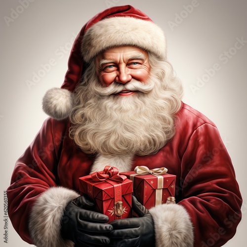 Santa claus with gifts on a white background. New year and christmas concept. A kind old man with a white beard. AI generation