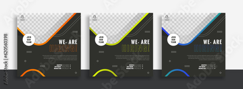 We are hiring job vacancy social media post banner design template with green and black color. We are hiring job vacancy square web banner design.
