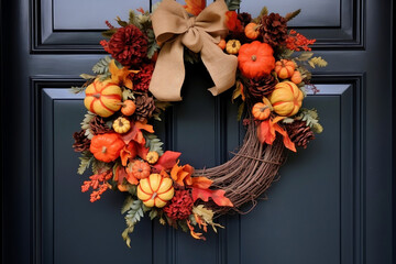 fall autumn wreath with brown bow hanging on dark front door 
