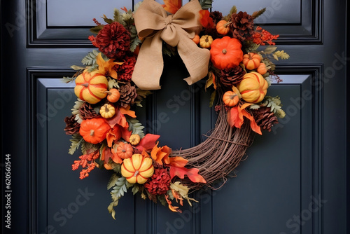 fall autumn wreath with brown bow hanging on dark front door 