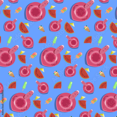 Colorful seamless pattern with flamingo swimming ring watermelon slices and ice cream