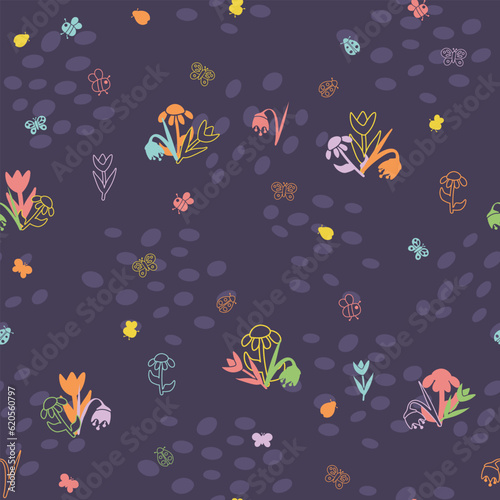 Bugs and flower field textured seamless vector pattern. Butterflies, ladybugs and bumble bees on a field of daisies, tulips and bells
