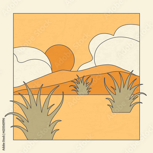 Minimalist aesthetic illustration with cactus in desert.