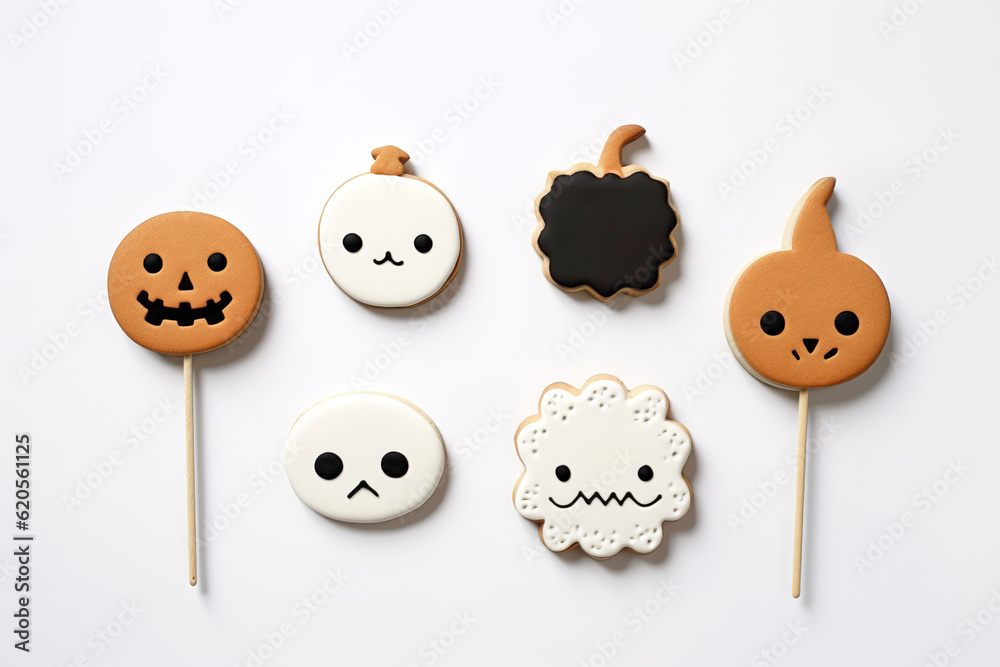 Obraz premium Set of Halloween gingerbread cookies on a white background. Generative Ai.