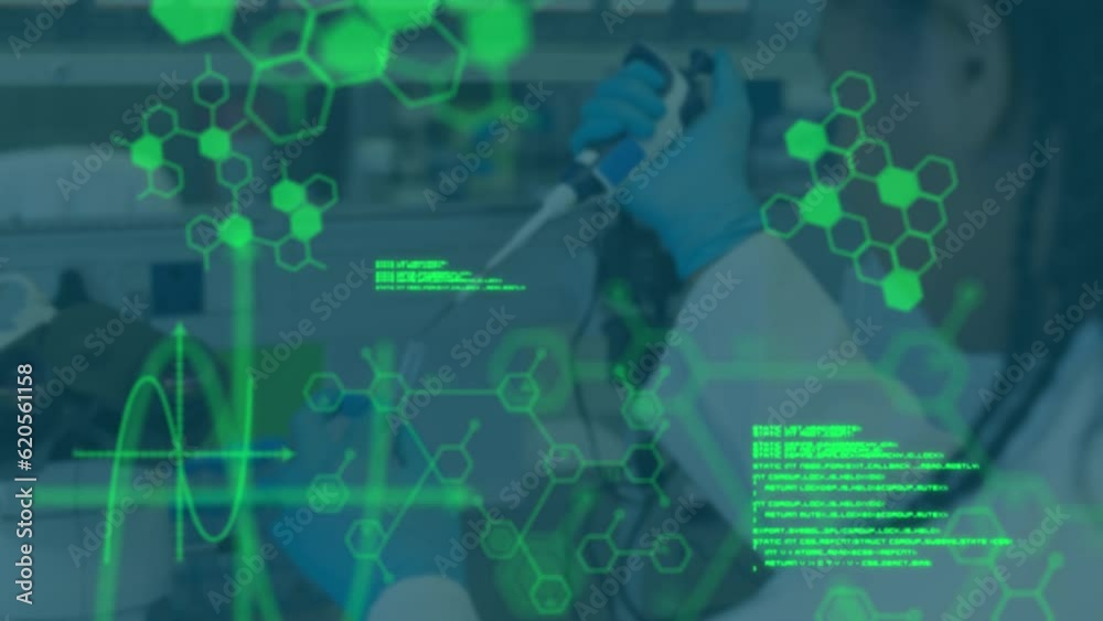 Animation of scientific data processing over caucasian female scientist in laboratory Animation of scientific data processing over caucasian female scientist in laboratory