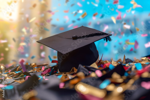 Graduation cap floating in the sky with confetti. Flying graduation caps on the air with golden confetti for graduates colleges party