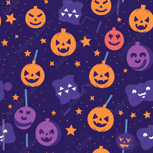 Halloween seamless pattern in purple and orange colors. Carved pumpkin candy , stars and other abstract halloween elements. Generative Ai.