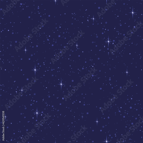 Endless Texture of Cosmic Universe with Cute Stars. Decorative Design for Prints, Fabrics, Wallpapers etc. Simple Sky with Constellations, Nebulas etc. Seamless Pattern. Vector illustration