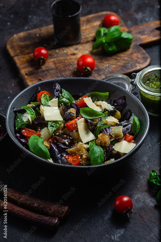 Eggplant salad, basil, cheddar cheese with tomatoes