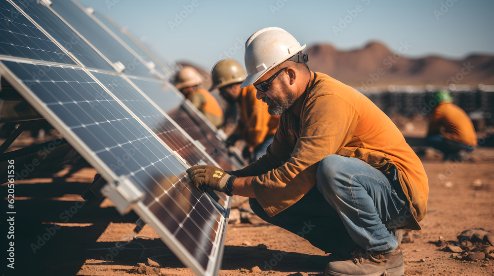 workers building a solar panel field in the desert Generative AI workers building a solar panel field in the desert Generative AI