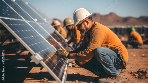 workers building a solar panel field in the desert Generative AI © kitti