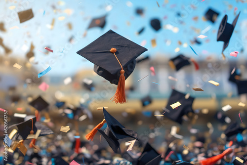 Wallpaper Mural Graduation cap floating in the sky with confetti. Flying graduation caps on the air with golden confetti for graduates colleges party Torontodigital.ca