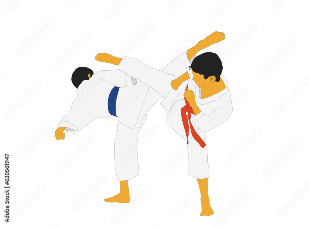 Athletes fight in a kimono and with different belts on the white background Athletes fight in a kimono and with different belts on the white background
