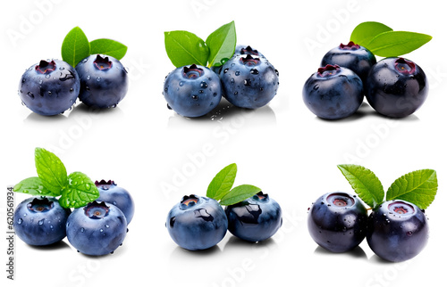 Slika na platnu Set of blue berries with leaves isolated on transparent background (Bilberry, Bl