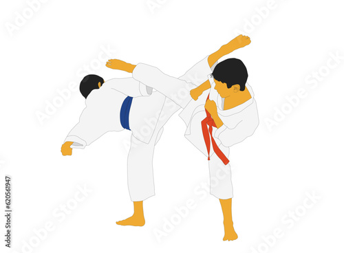 Athletes fight in a kimono and with different belts on the white background