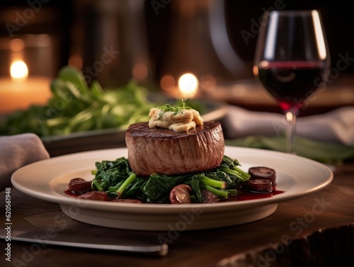 Filet Mignon with a red wine reduction, placed on a bed of sauteed mushrooms and spinach