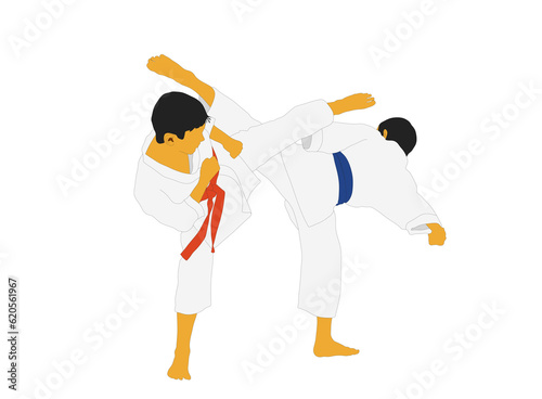 Athletes fight in a kimono and with different belts on the white background