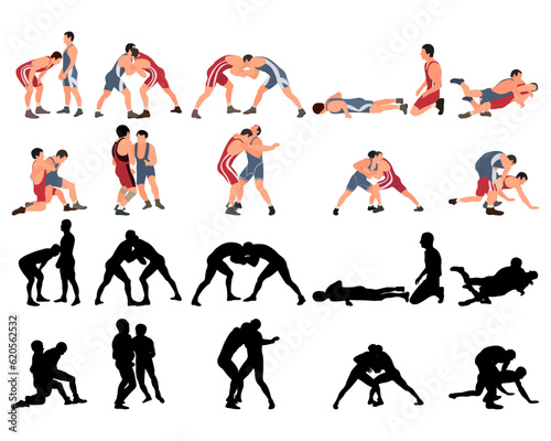 Set of wrestlers silhouettes. Image of greco roman wrestling  martial art  sportsmanship