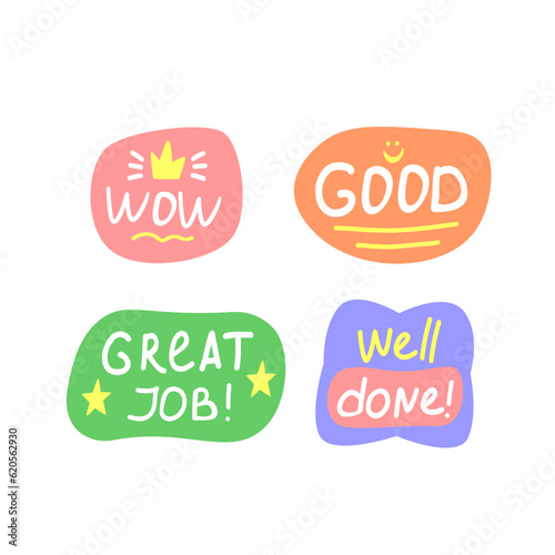 Motivational patches collection. Stickers, badges, prints for kids with quotes, doodles and lettering. Wow, good, great job, well done. Cute cartoon vector. Flat style inspirational illustrations