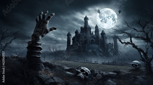 Halloween Background. Zombie arm coming out of the ground in a dark cemetery with scattered skulls against a castle and full moon background. Generative Ai.